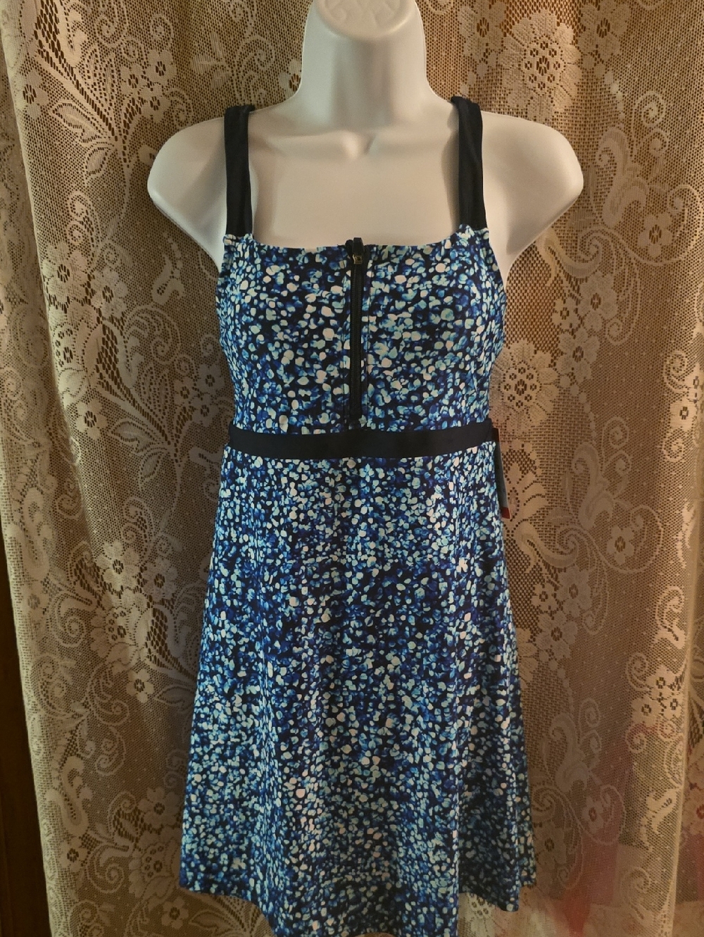 New Lands' End Women's XS Navy White Swim Dress Adjustable Straps